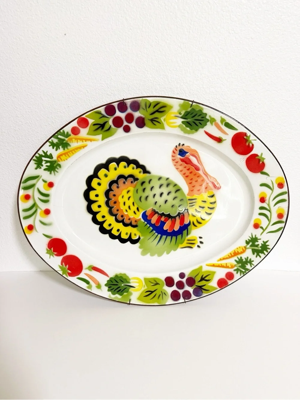 Vintage Colorful 18” Enamel Tin Turkey Platter Thanksgiving Holiday Hong Kong